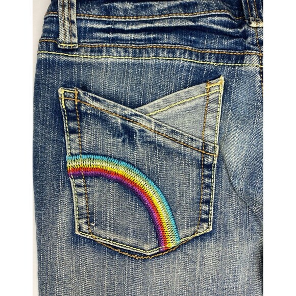 Y2K Vintage Bonage Juniors Women 9/10 Rainbow Embroidered Jeans Blue Low Rise - Picture 15 of 16